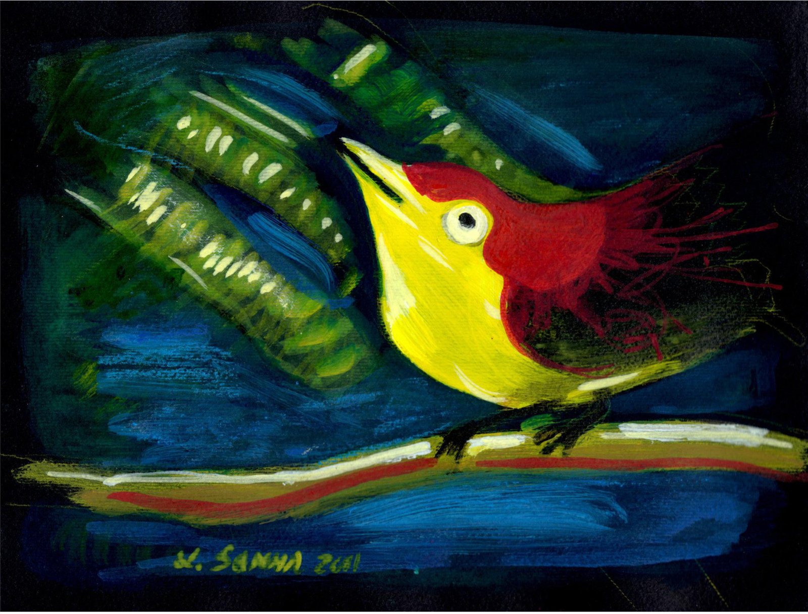 Uccellino minuto su carta nera (acrilico)