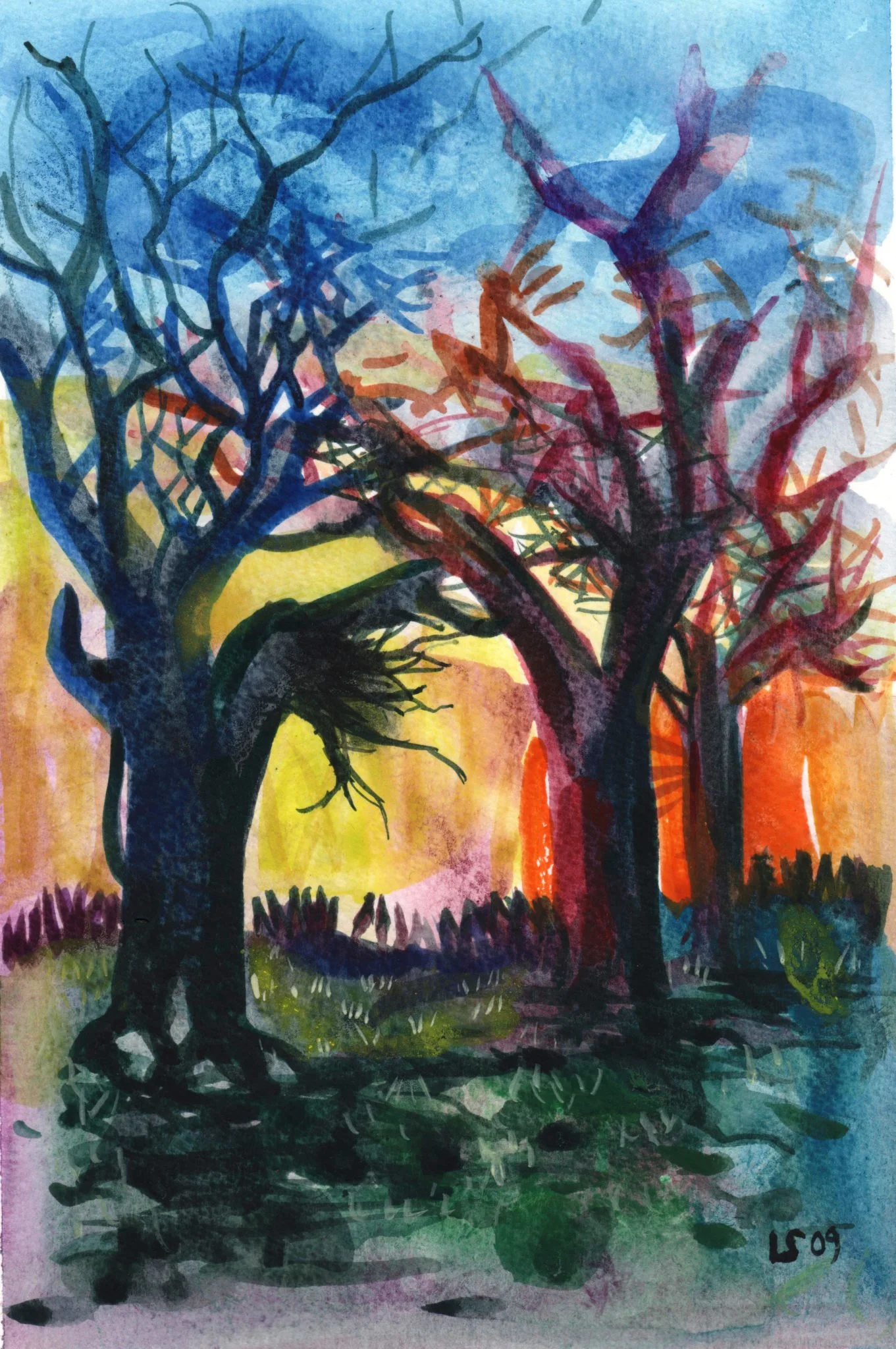 Silhouette di alberi al tramonto (acquerello su carta)