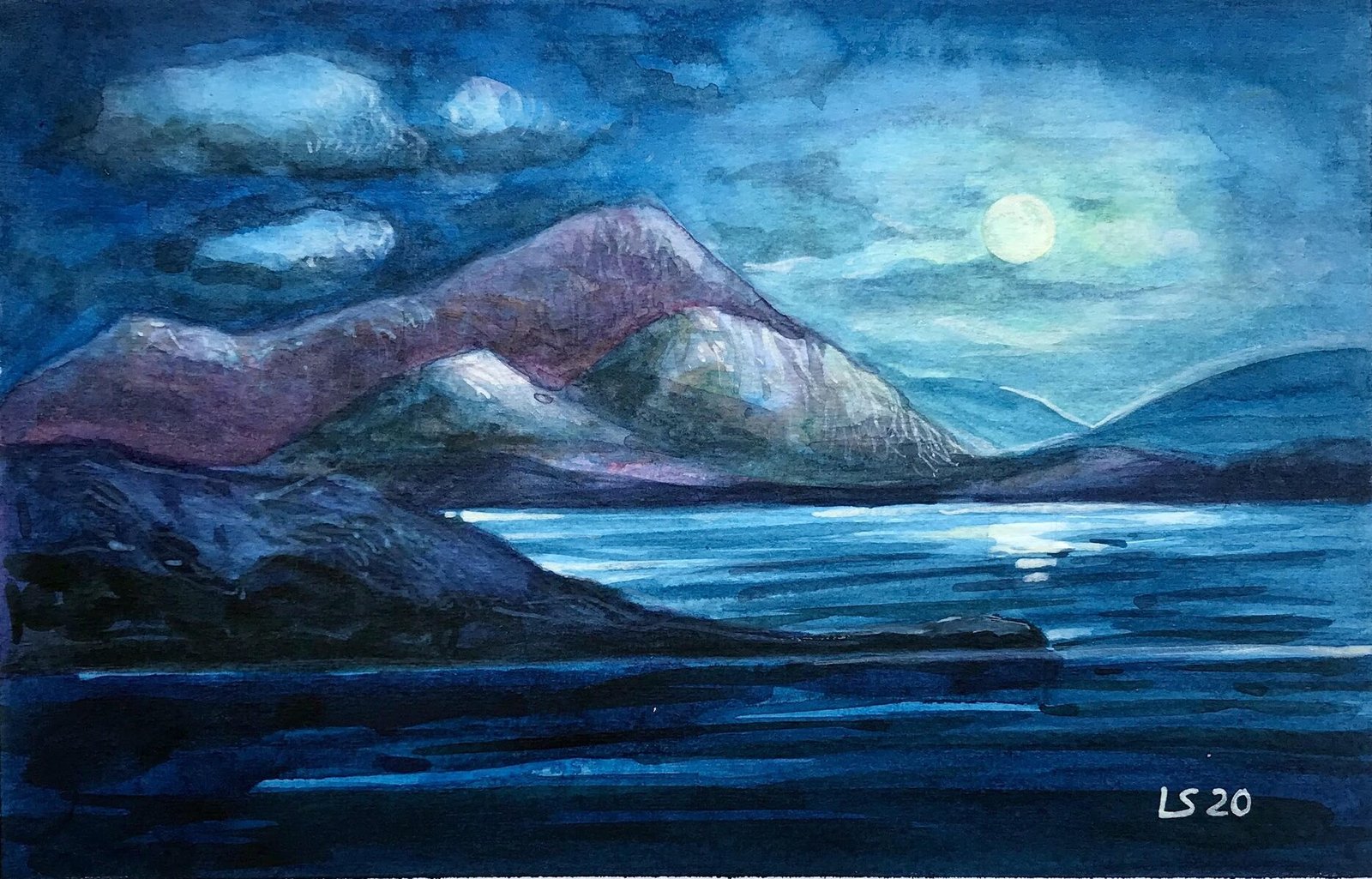 Luna piena sopra la catena montuosa (acquerello)