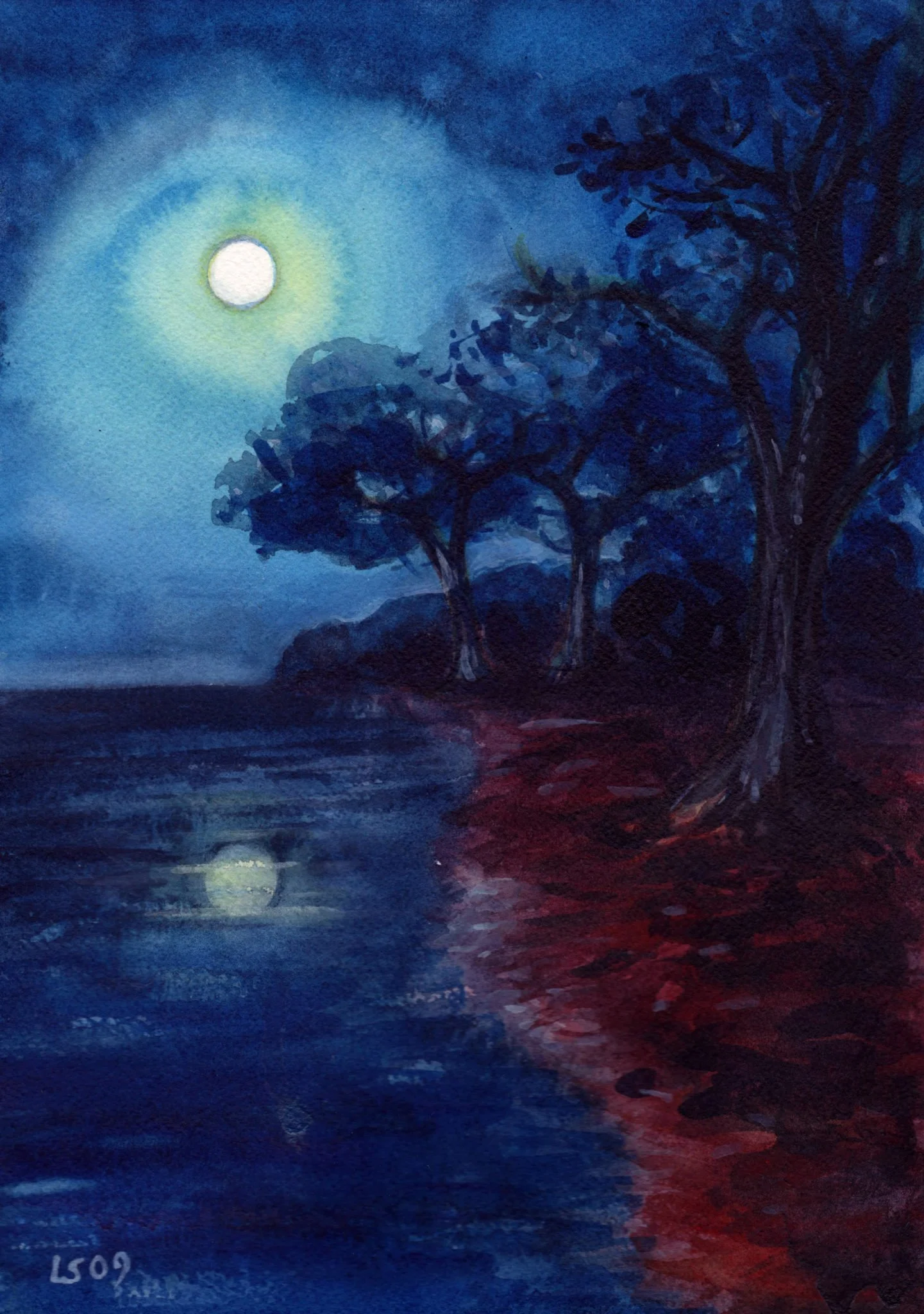 Notturno con luna piena sull'acqua (acquerello)