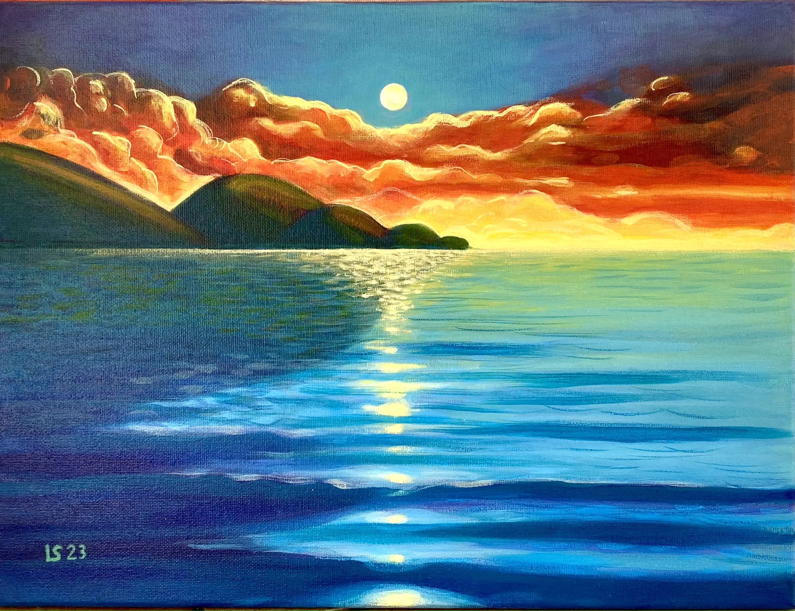 Costa sarda: tramonto e luna piena (acrilico su tela)