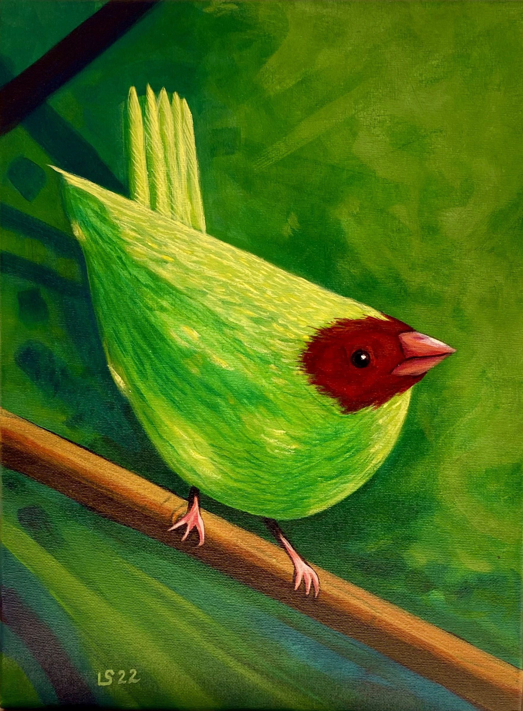 Uccello giallo e rosso su verde intenso (acrilico su tela)