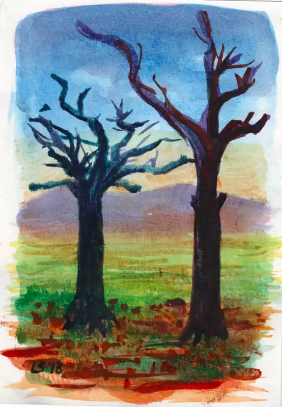Due alberi scuri in un paesaggio essenziale, opera d’archivio di Luca Sanna