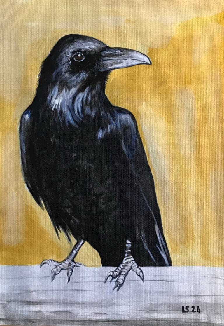 Corvo su ramo — fondo ocra (illustrazione su tela)