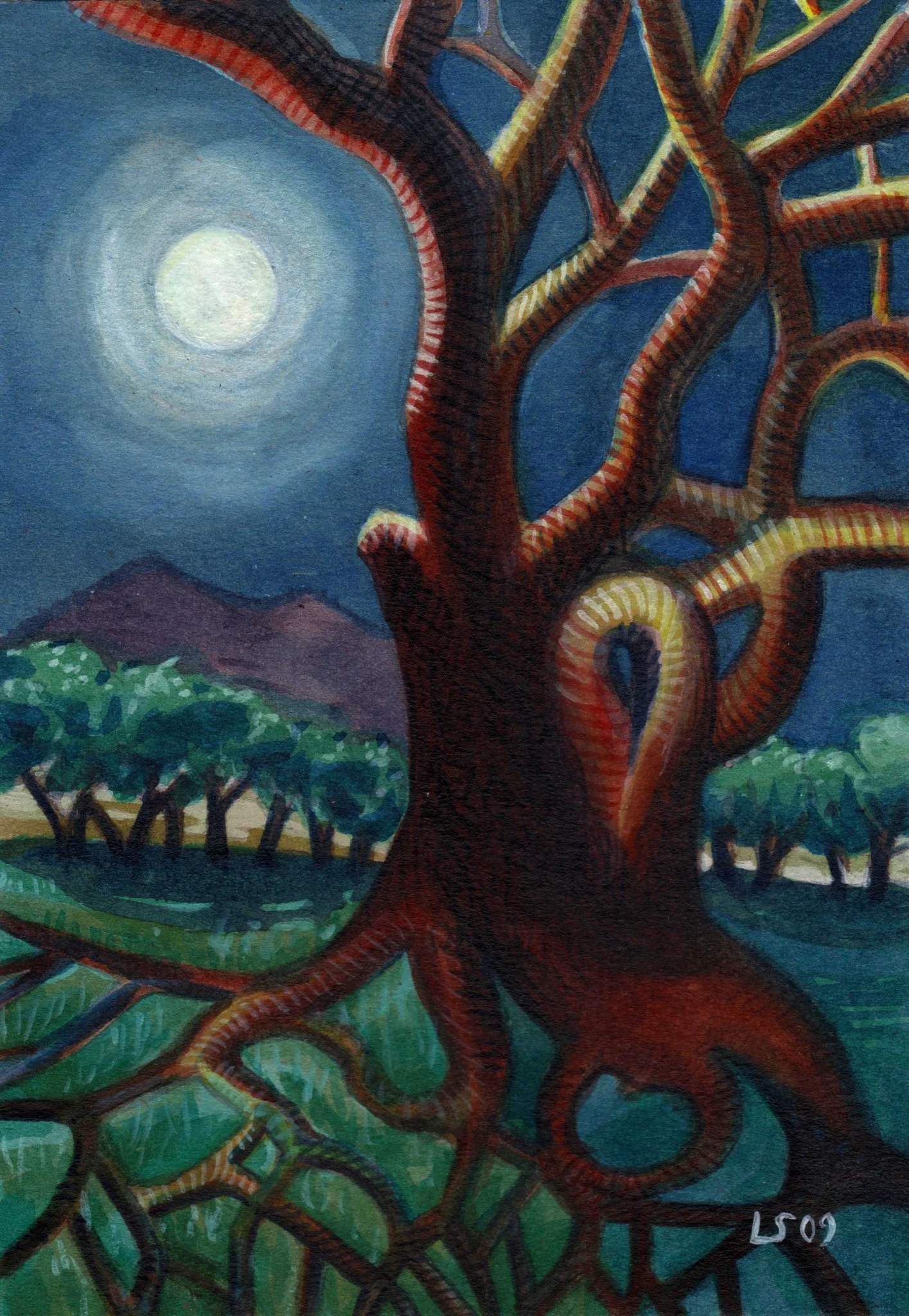 Albero magico — tronco segnato in rosso (acquerello)