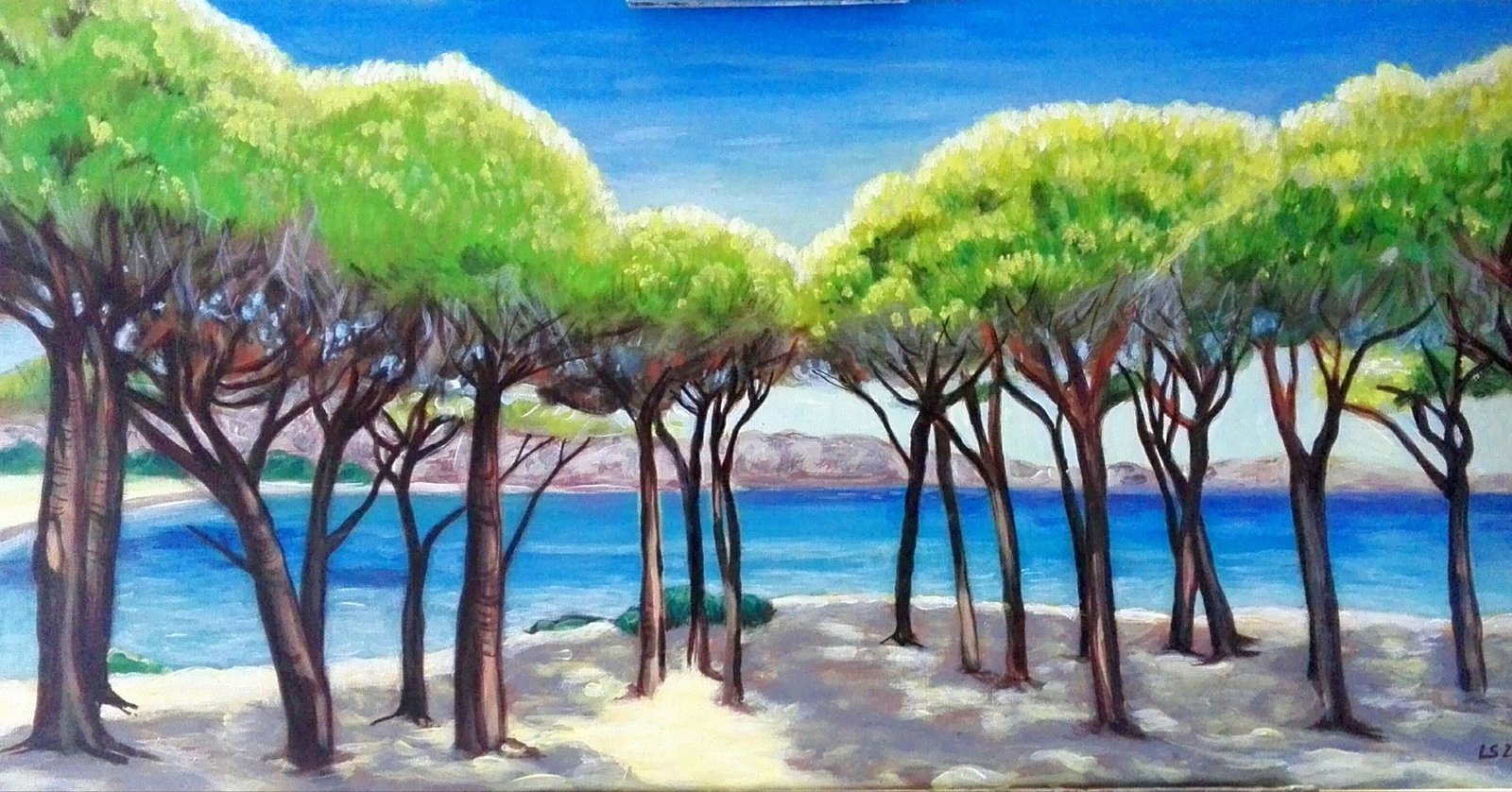 Pineta a Budoni — sabbia e mare (acrilico su tela)