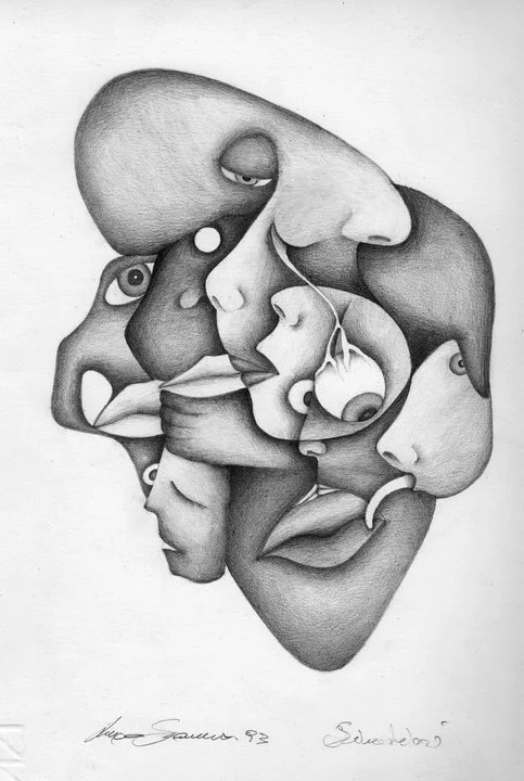 Simbiosi — profili che si fondono (matita)