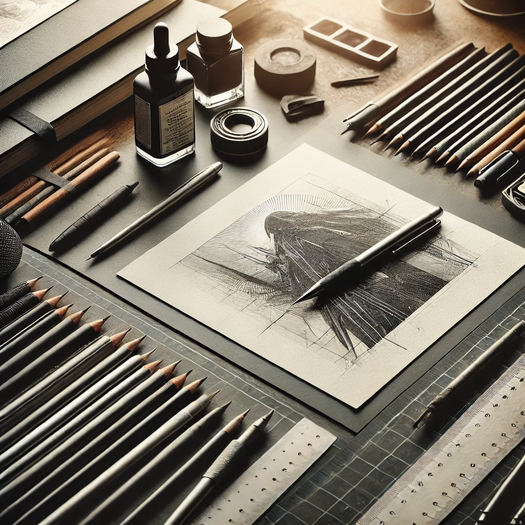 Strumenti per grafica d’arte: carta, matite e inchiostri