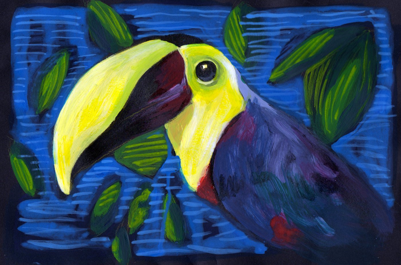 Tucano in primo piano (acrilico su carta nera, 2011)