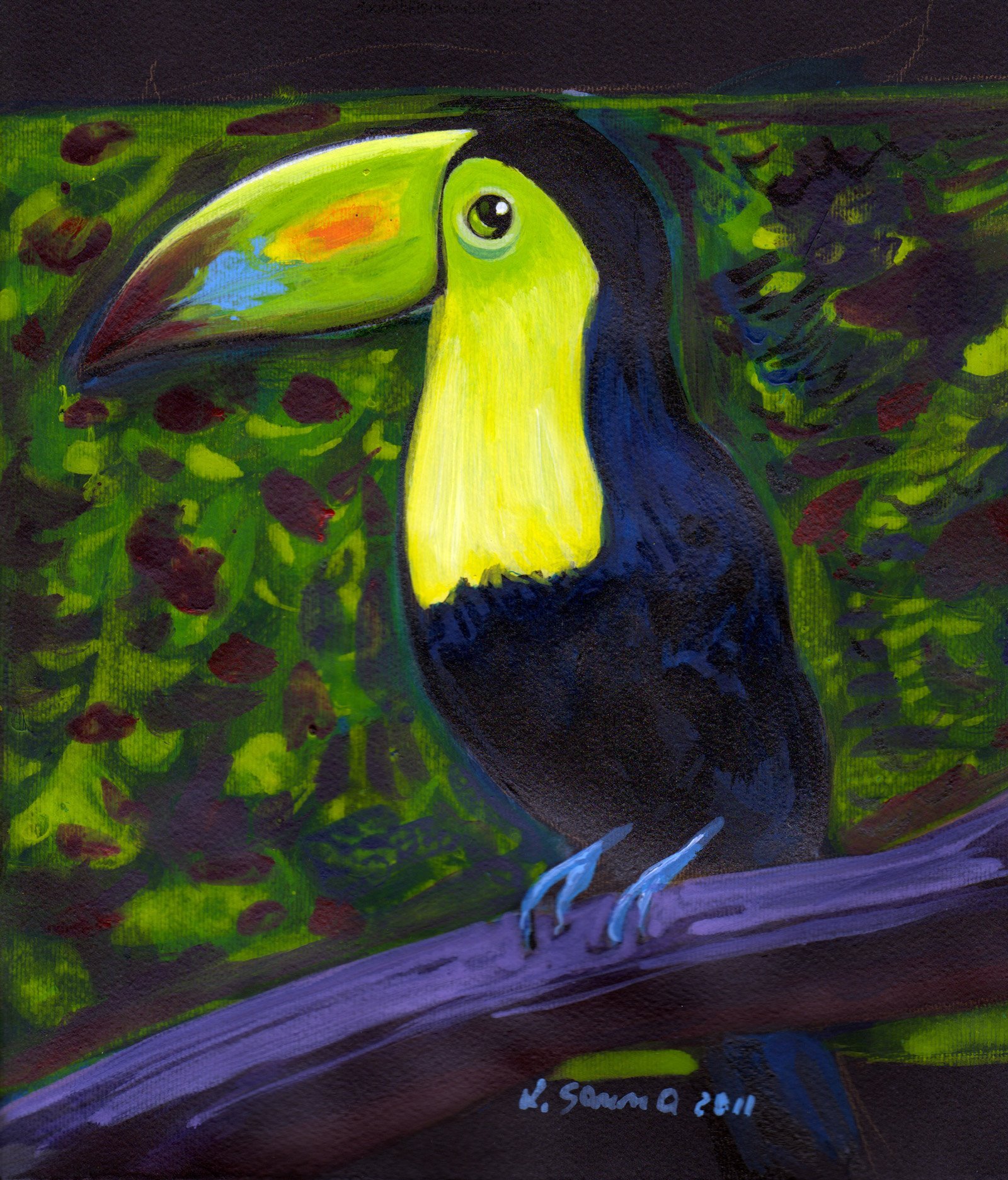 Tucano tra foglie verdi (acrilico su carta nera, 2011)