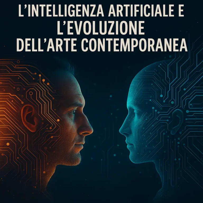 Illustrazione concettuale moderna che raffigura la collaborazione tra intelligenza artificiale e artista umano nella creazione di arte digitale