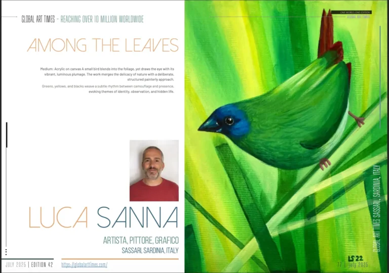 Dipinto “Among the Leaves” di Luca Sanna pubblicato su Global Art Times, luglio 2025