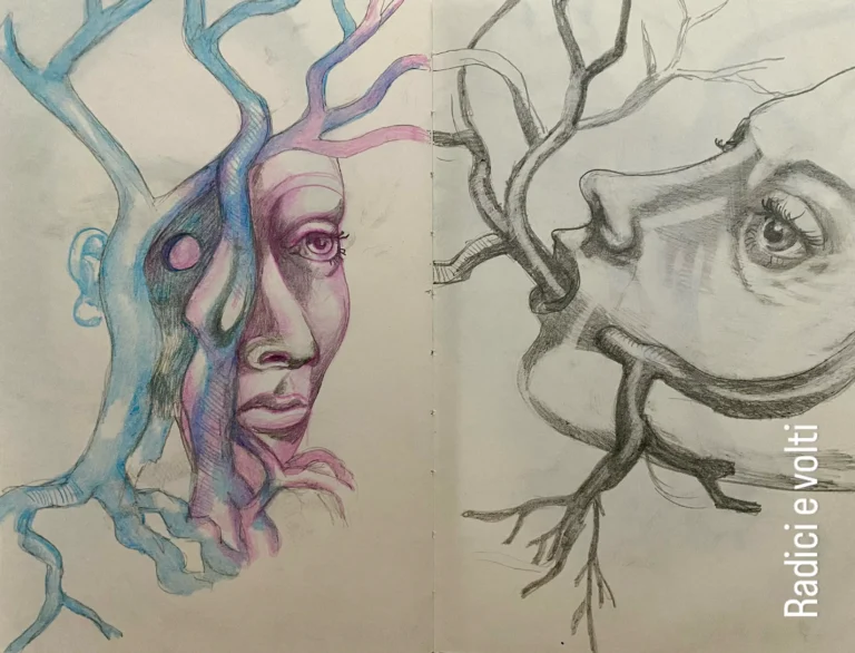 Volto innestato in radici su doppia pagina: sopra ciano-magenta, sotto grafite; occhio in primo piano.