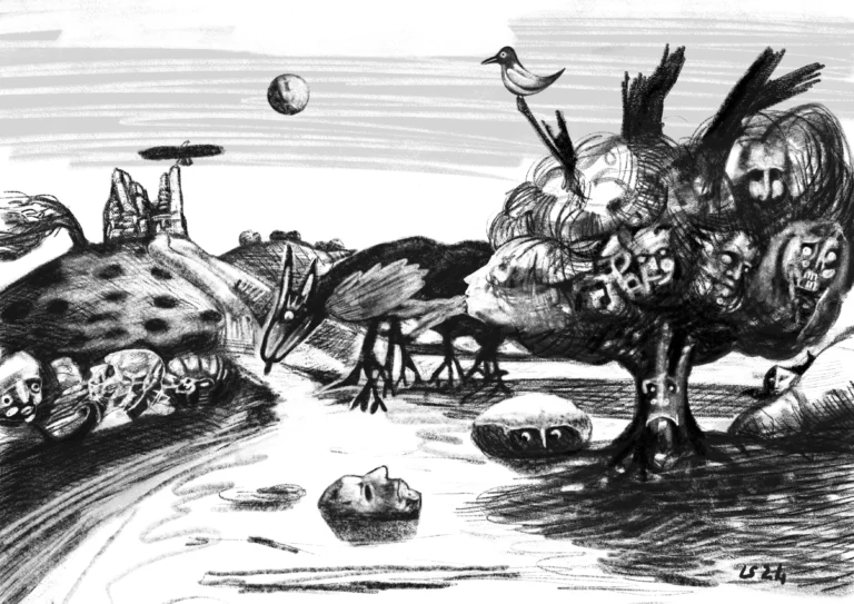 Disegno digitale visionario di Luca Sanna (2024), intitolato L’inquietudine della natura: paesaggio in cui rocce, alberi e animali si intrecciano in forme misteriose e vitali