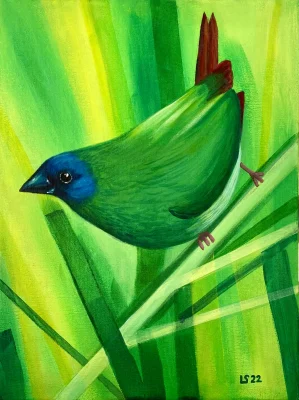 Uccellino verde con testa blu tra i rami " dipinto acrilico di Luca Sanna